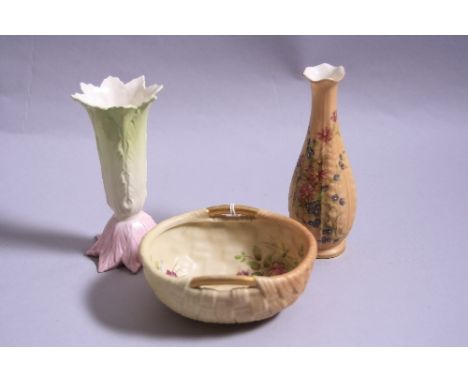 THREE PIECES OF ROYAL WORCESTER, to include blush ivory small basket design bowl G441, a bud vase G364 and another bud vase G