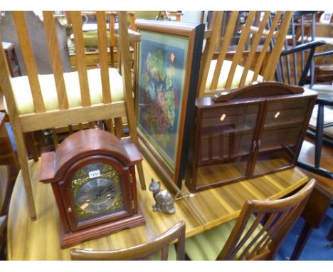 A LINCOLN 31 DAY MANTLE CLOCK, a small wall mounted display cabinet, firescreen, two various pictures and a brass cat (6)