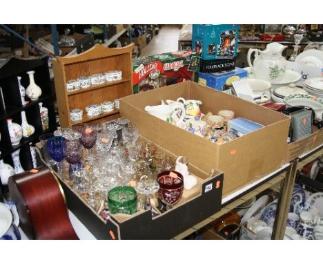 THREE BOXES AND LOOSE CERAMICS, GLASS, MANTLE CLOCK, CHRISTMAS NOVELTY ITEMS, etc, to include Collectors vases, (with shelf) 