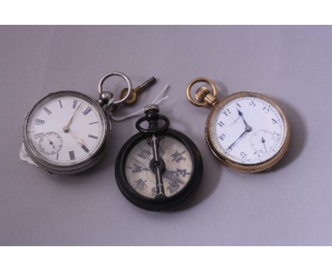 A SILVER POCKET WATCH, Chester 1896, a gold plated pocket watch and a compass, (one watch with key) (3)