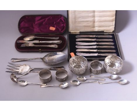 A CASED SILVER CHRISTENING KNIFE, FORK AND SPOON, Birmingham 1885, George Unite, a cased set of six silver handled butter kni