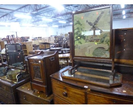 AN EDWARDIAN PURDONIUM, an oak framed wall mirror and a woolwork firescreen (3)