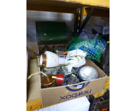 TWO BOXES, containing a quantity of car lamps including a Lucas lamp, quantity of oil cannisters, etc