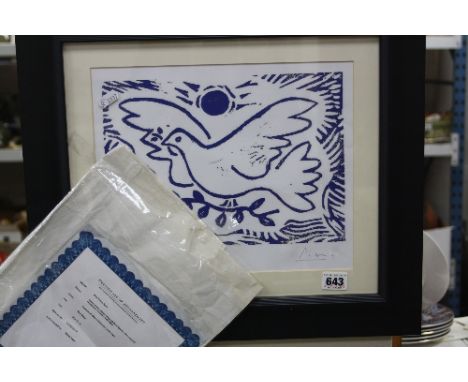 A LIMITED EDITION LITHOGRAPH HAND SIGNATURE, Picasso in pencil, un-numbered edition of 75 'Blue Dove' (certificate)