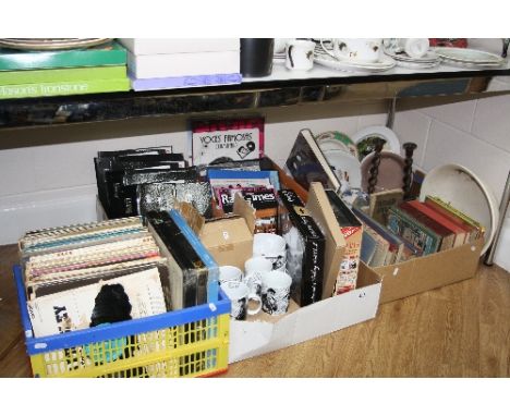 A QUANTITY OF ELVIS COMMEMORATIVE ITEMS, records, magazines, mugs etc (four boxes), together with two boxes of sundries, book