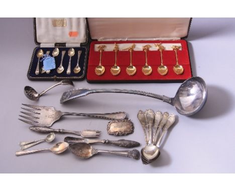 A LARGE TRAY OF MISCELLANEOUS ITEMS, to include ladle, teaspoons labels, etc