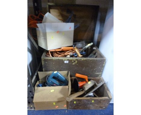 A PAINTED PINE CRATE, containing hand tools, etc