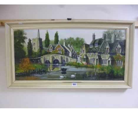 M. GEARING, village scene with bridge over river with cottages and church, signed and dated 67 lower right, oil on canvas, ap