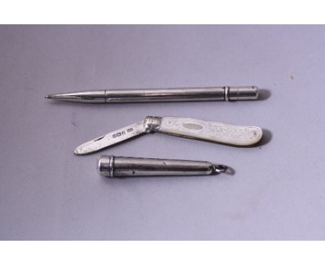 A SILVER PROPELLING PENCIL, silver bladed mother of pearl pen knife and silver cheroot holder (3)