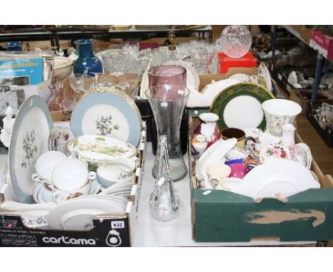 FOUR BOXES AND LOOSE CERAMICS, GLASS, etc, to include cut glasses, Royal Albert 'Midnight Rose' (seconds), Worcester and Doul