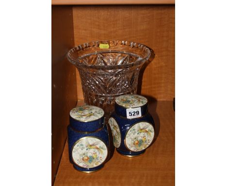 A PAIR OF SQUARE SHAPED CARLTONWARE GINGER JARS, (cover a/f on one), together with cut glass vase (3)