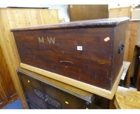 A STAINED PINE CHEST, initialled M W to the front, approximate size width 99cm x depth 39cm x height 43cm (later replacement 