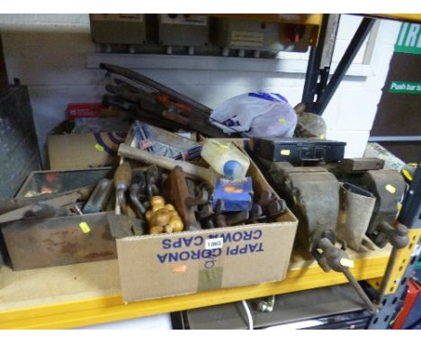 THREE BOXES CONTAINING VINTAGE HAND TOOLS, two large vices, etc