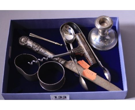 SILVER, to include sugar bow London 1858, two napkin rings, silver knife 4.5ozt, filled candlestick, ladies circle spoon, tog