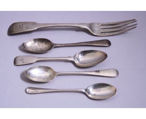 A SILVER FORK, London 1813, together with a pair of silver teaspoons, London 1890, 1821, Sheffield 1919, etc, approximately 4