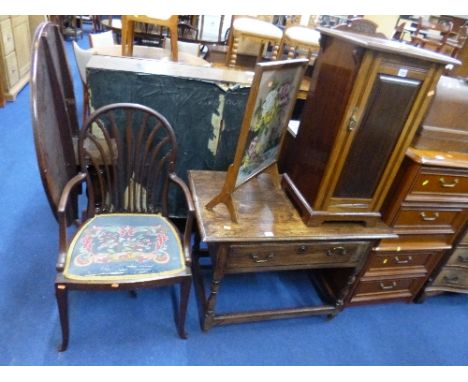 AN EDWARDIAN POT CUPBOARD, firescreen and an armchair (3)
