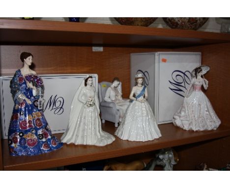 FIVE ROYAL WORCESTER FIGURES, to include boxed 'Lady with Fan', Limited Edition 80/4950, boxed 'The Garden Party' Limited Edi