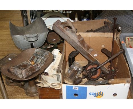 WEIGHTS, SCALES, TOOLS, etc, to include hand drill, planes, moulding tools, pamphlets etc