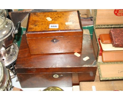 A TWO DIVISION WALNUT CADDY, together with workbox with removable fitted tray (2)