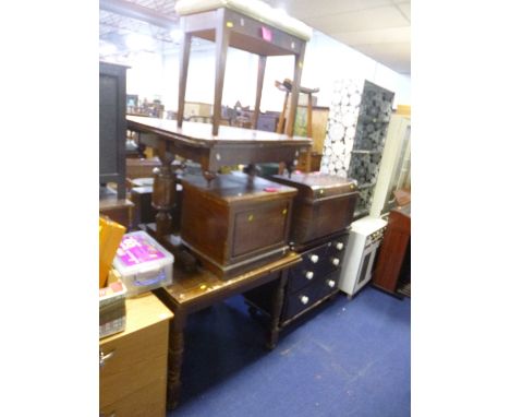 TWO OAK DRAW LEAF TABLES, tin trunk, piano stool and a commode (sd) (5)