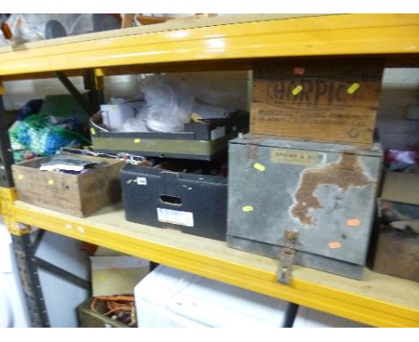 THREE BOXES CONTAINING VINTAGE HAND TOOLS, and kitchen accessories, two wooden crates, etc