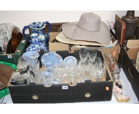 THREE BOXES AND LOOSE CUT GLASS, Wedgwood Jasperwares, ornaments, light shades and fittings, sun hats, blue and white etc