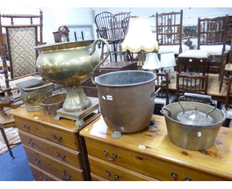 A QUANTITY OF BRASS AND COPPER WARE, including a large twin handled urn