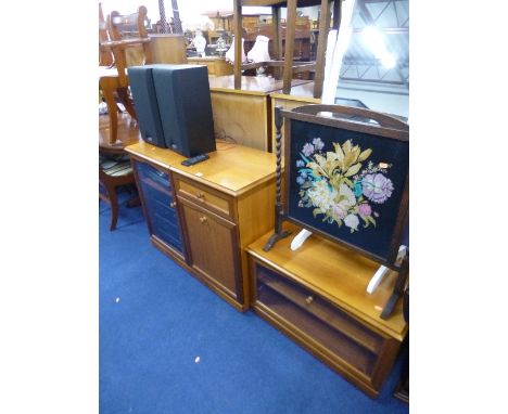 A TEAK STEREO CABINET CONTAINING A KENWOOD STEREO EQUIPMENT, including an integrated amplifier RXD-27L, a pair of speakers LS