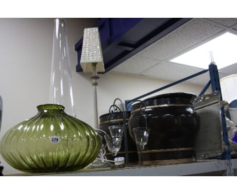 A PAIR OF WOODEN BARRELS, GLASS VASES, LAMP, etc