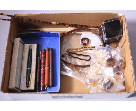 A BOX OF MISCELLANEOUS, to include a Conway Stewart pen, a ruby Pearloid 8S fountain pen, a Ruby Pearloid Nippy No 93 propell