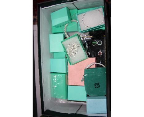 A BOX OF MISCELLANEOUS WHITE METAL JEWELLERY, to include bangle, necklaces, rings, etc
