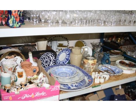 THREE BOXES AND LOOSE CERAMICS, GLASS, etc, to include a large 'Willow' meat platter, decanters, Carltonware biscuit barrel, 