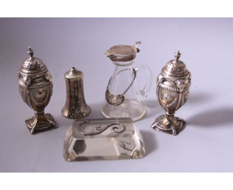 A PAIR OF VICTORIAN SILVER SALTS, of urn form with swag and roundel decoration, on shaped square bases, rubbed, approximately