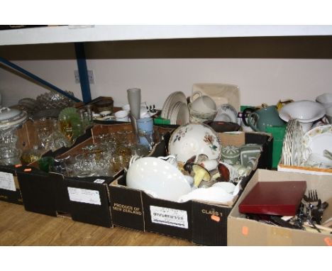 SEVEN BOXES OF CERAMICS, GLASS, CUTLERY, etc, to include Wedgwood Jasperware, Worcester etc