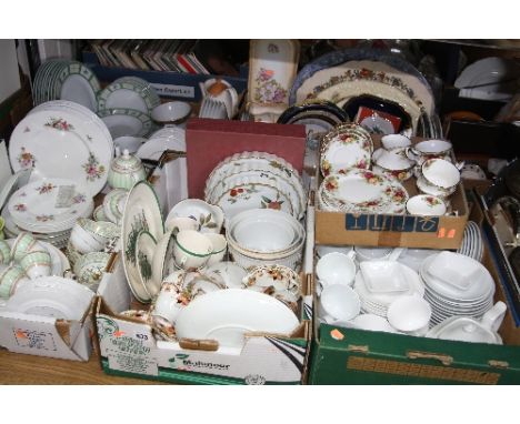 SIX BOXES OF TEA/DINNERWARES, TRINKETS, etc, to include Royal Albert 'Old Country Roses' (rubbed), Bell China coffee set, Wor