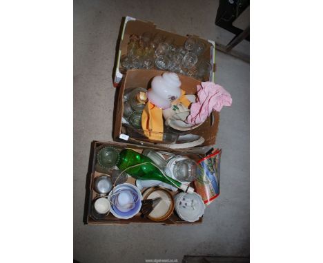 Three boxes of glass, china, lamp etc.