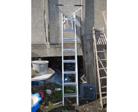 Eight rung triple extension ladder with standoff attachment.