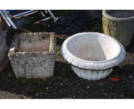 A square concrete planter, 13'' x 12'' and a round one, no base, 19'' x 9 1/2''.