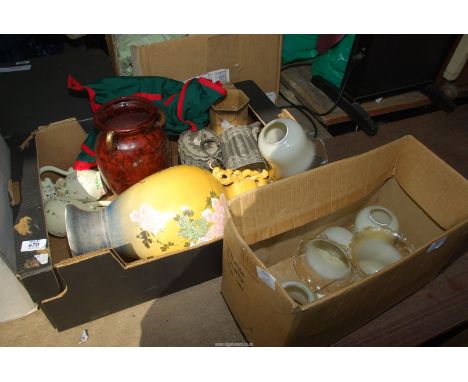 Large vases, glass lamp shades, part tea set etc.