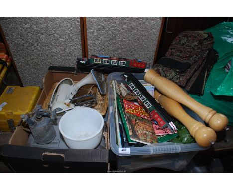 Two boxes containing; large wooden condiments, old ship, blow lamp, vintage, etc.