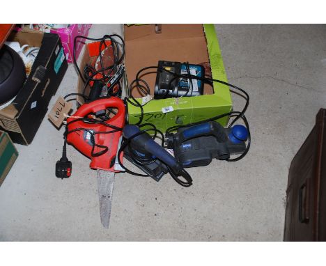 A Scorpion reciprocating saw, Black &amp; Decker mouse sander, Makita charging unit, etc.