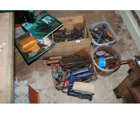 A wooden box, various tools, small vice, sander and LP's.