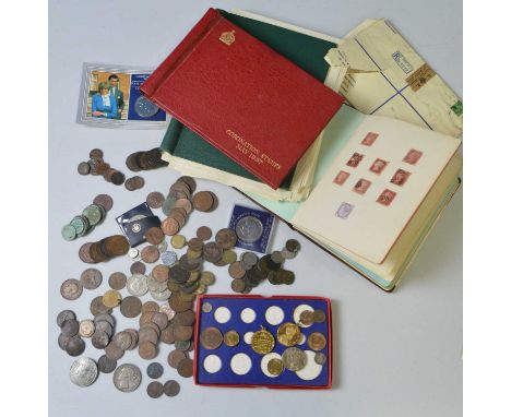 Commonwealth stamps including 1935 Jubilee issues and 1937 Coronation album; and a selection of mostly British coinage includ