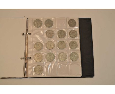 Mostly pre-1947 British silver coinage, including: half-crowns, florins, two-shillings, shillings, and sixpences.