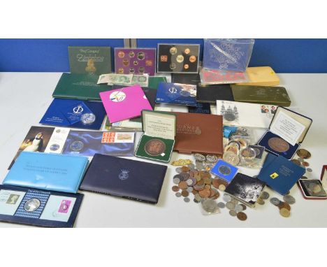 A selection of proof sets, coin covers and other coins, including: Zimbabwe set 1980, Derby Bicentenary coin cover; The Railw