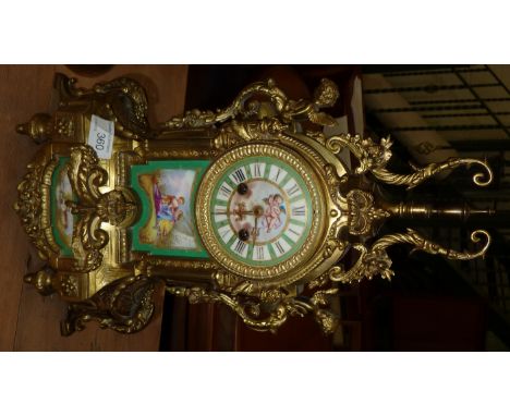 19thC gilt metal mantle clock with painted ceramic panels and dial