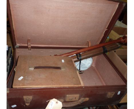 Old suitcase, gnome, slide projector, stair rods etc