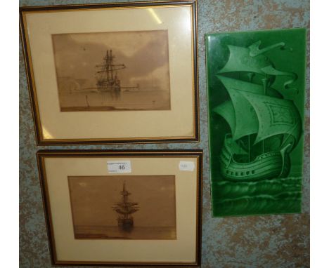 2 small framed watercolours depicting tall ships with indistinct signature and green glazed ceramic tile 