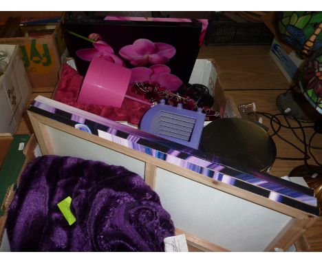 Purple throw, bedside lamp, modern chandelier, canvas pictures etc (2 boxes)