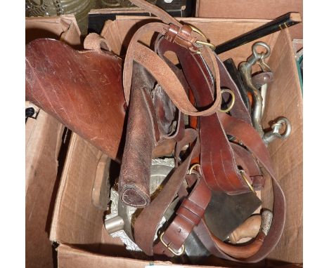 2 leather gun holsters, assorted wood handled tools, horse bit, stirrups, piccolo etc